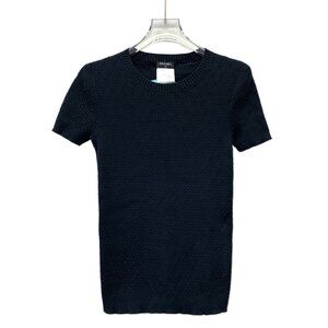 HW0115 Chanel Chanel Black Jacquard Cotton Round Neck Short Sleeve Knit Size No
